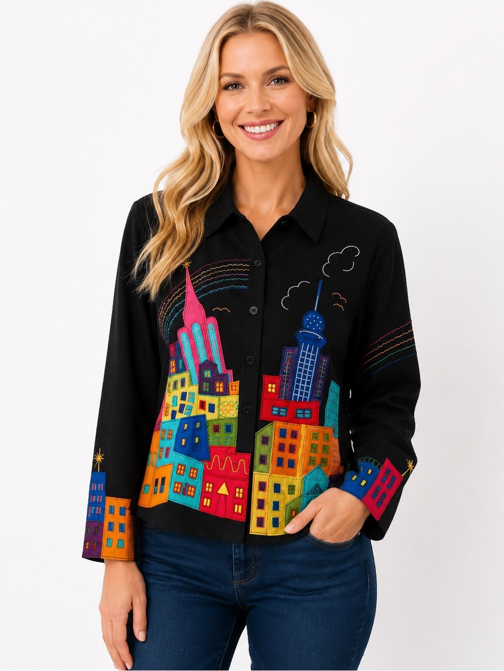 Vibrant Art-to-Wear Embroidered Cityscape Jacket XL‎ Boho Maximalist